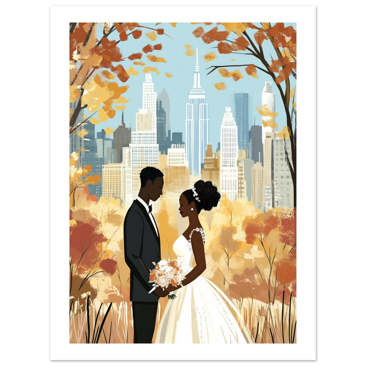 A black wedding couple infront of New York 1