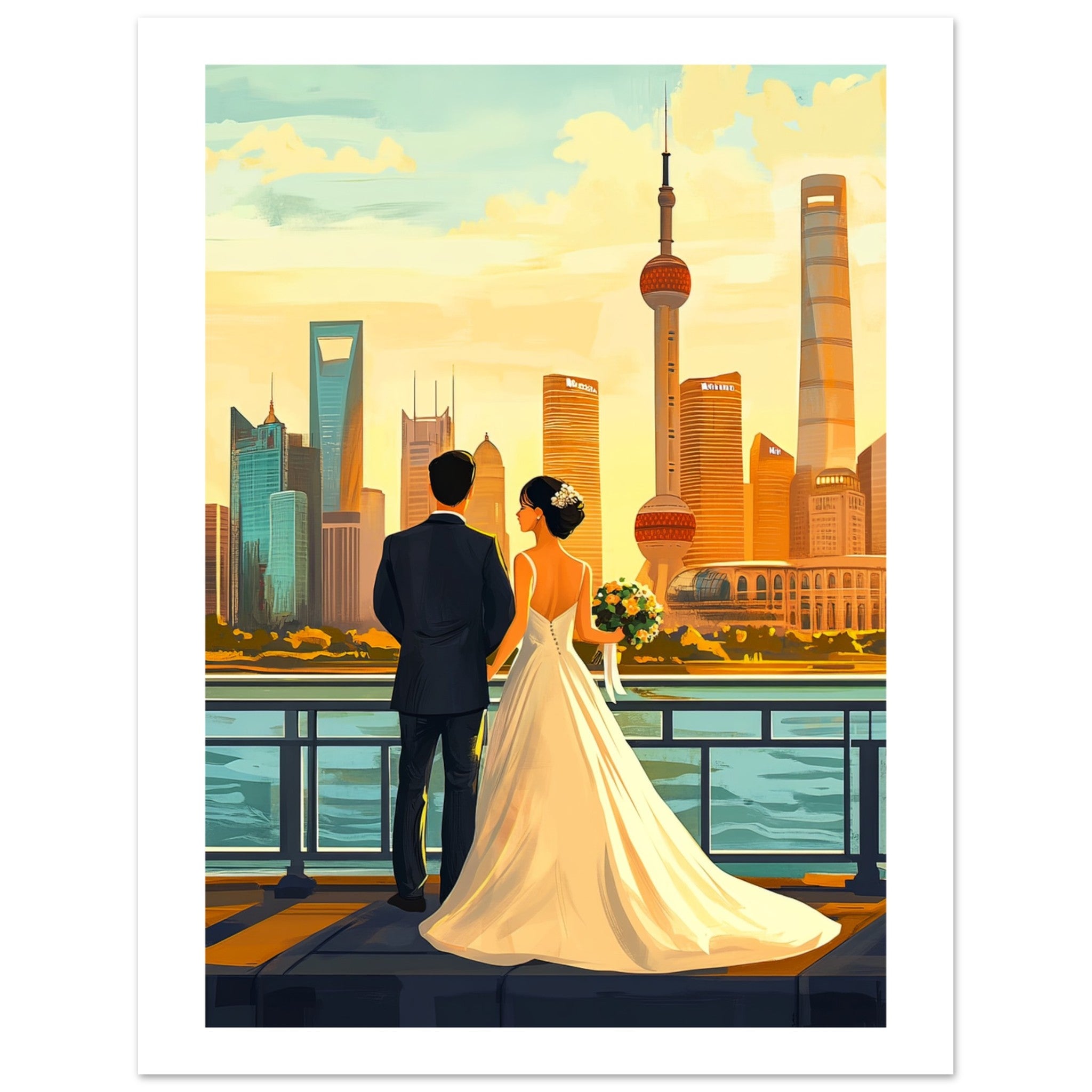 An asian wedding couple infront of Shanghai