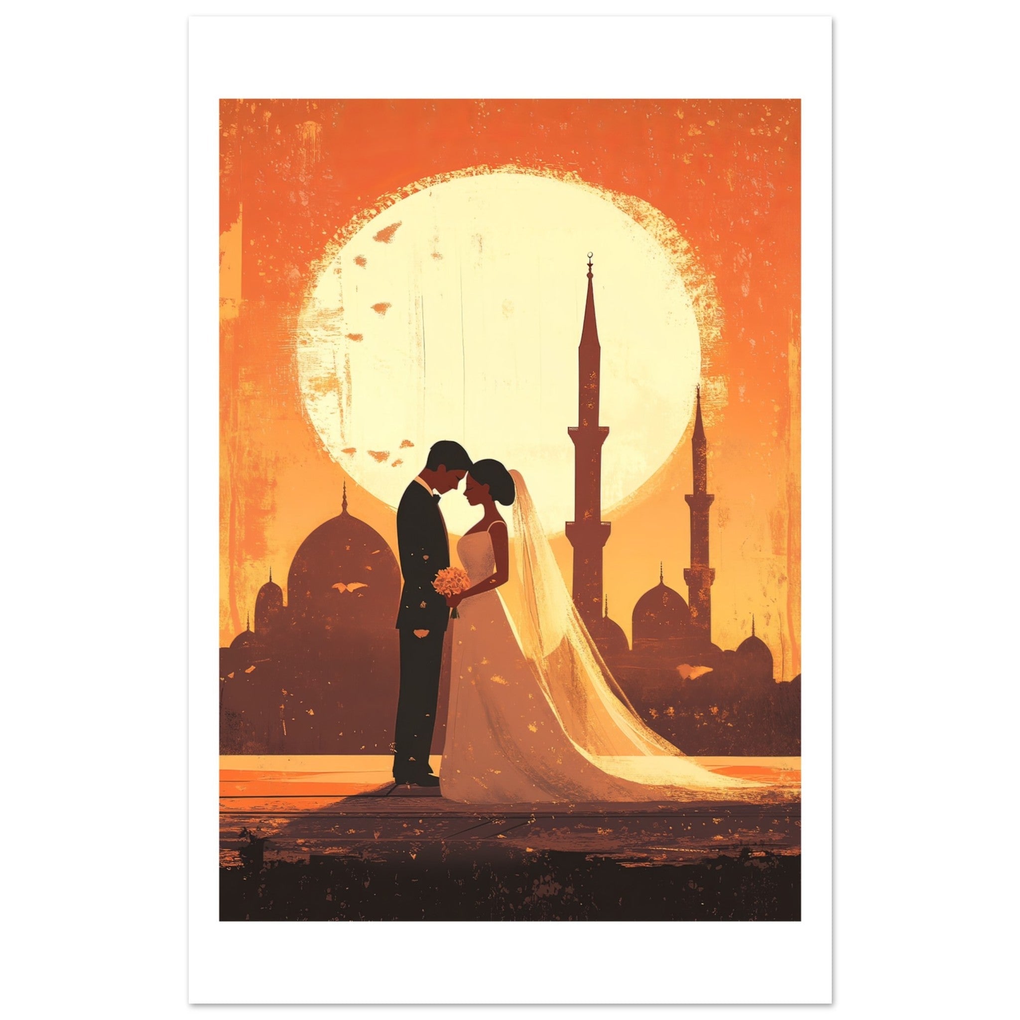 A wedding couple infront of a mosque