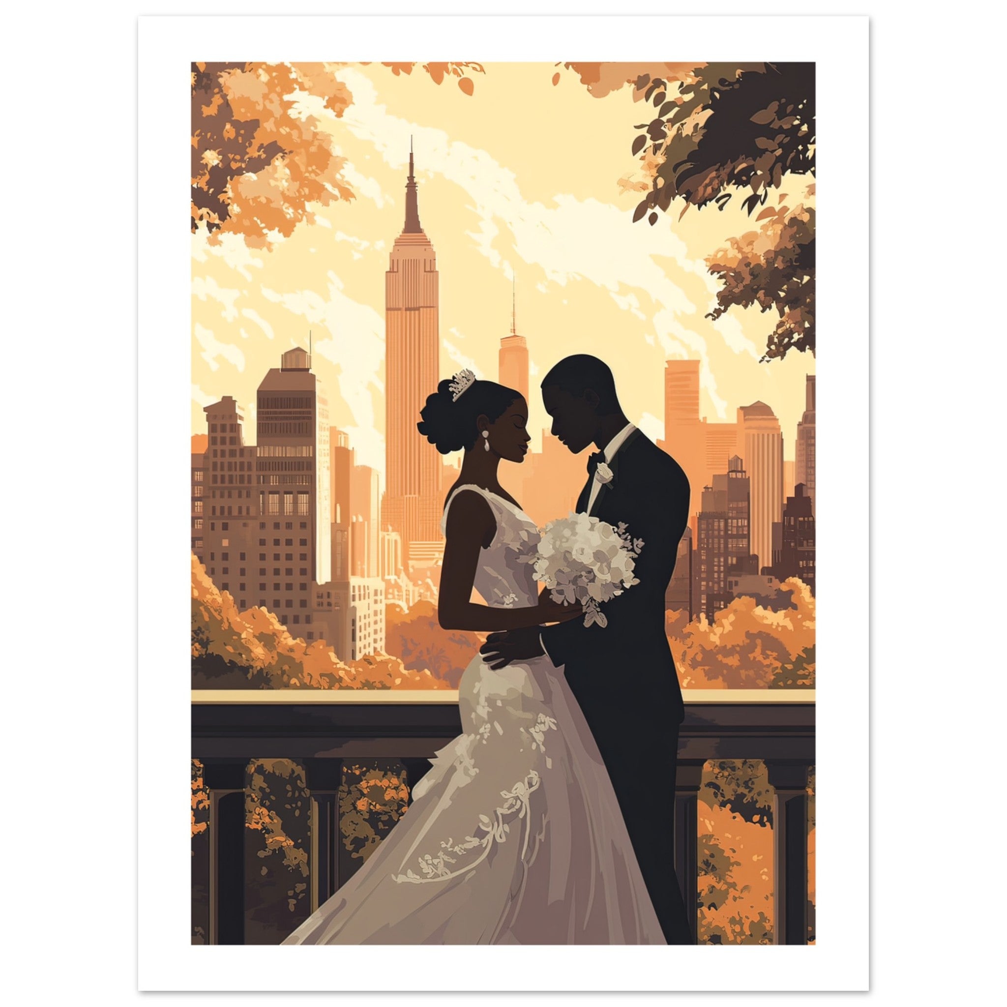 A black wedding couple infront of New York