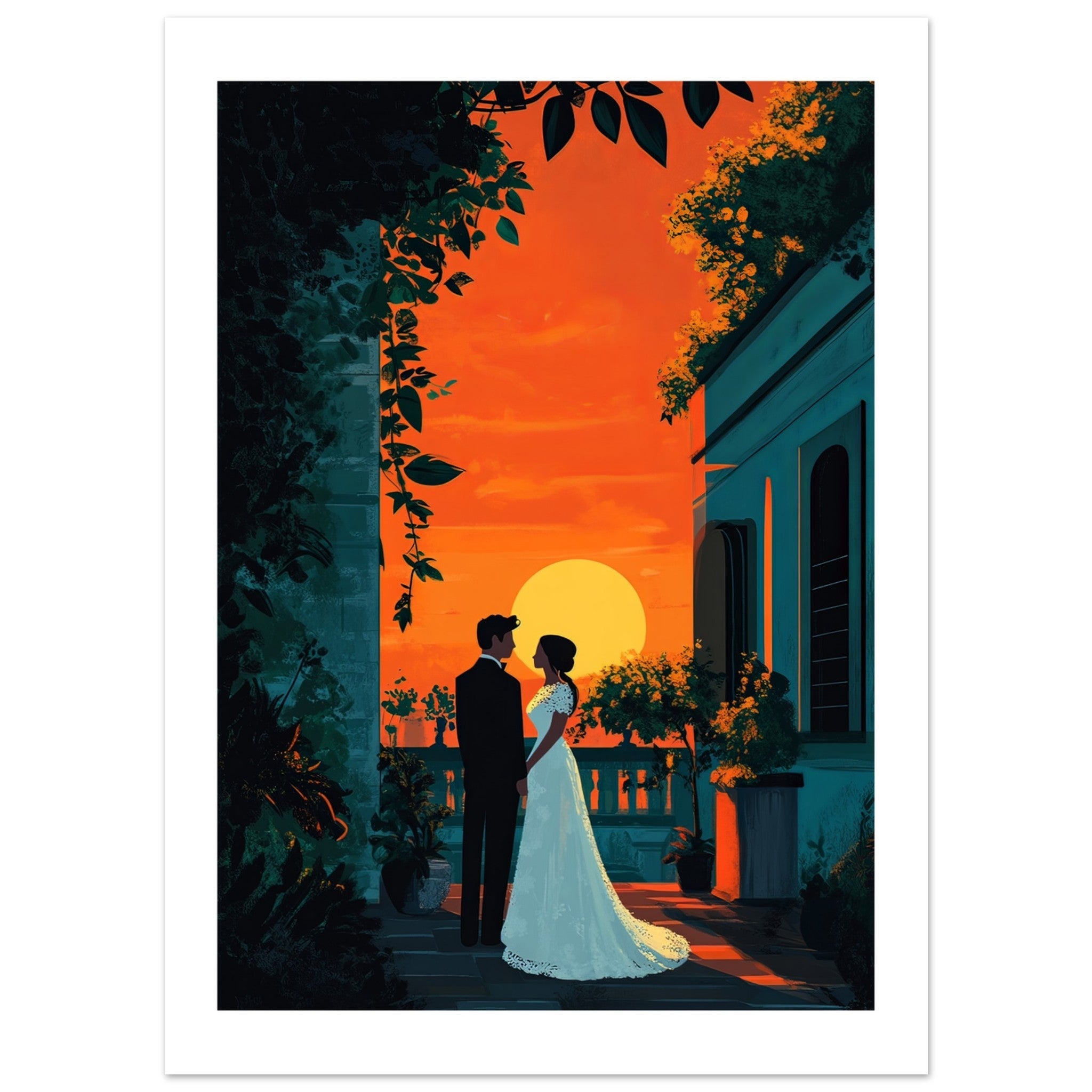 A wedding couple infront of a museum