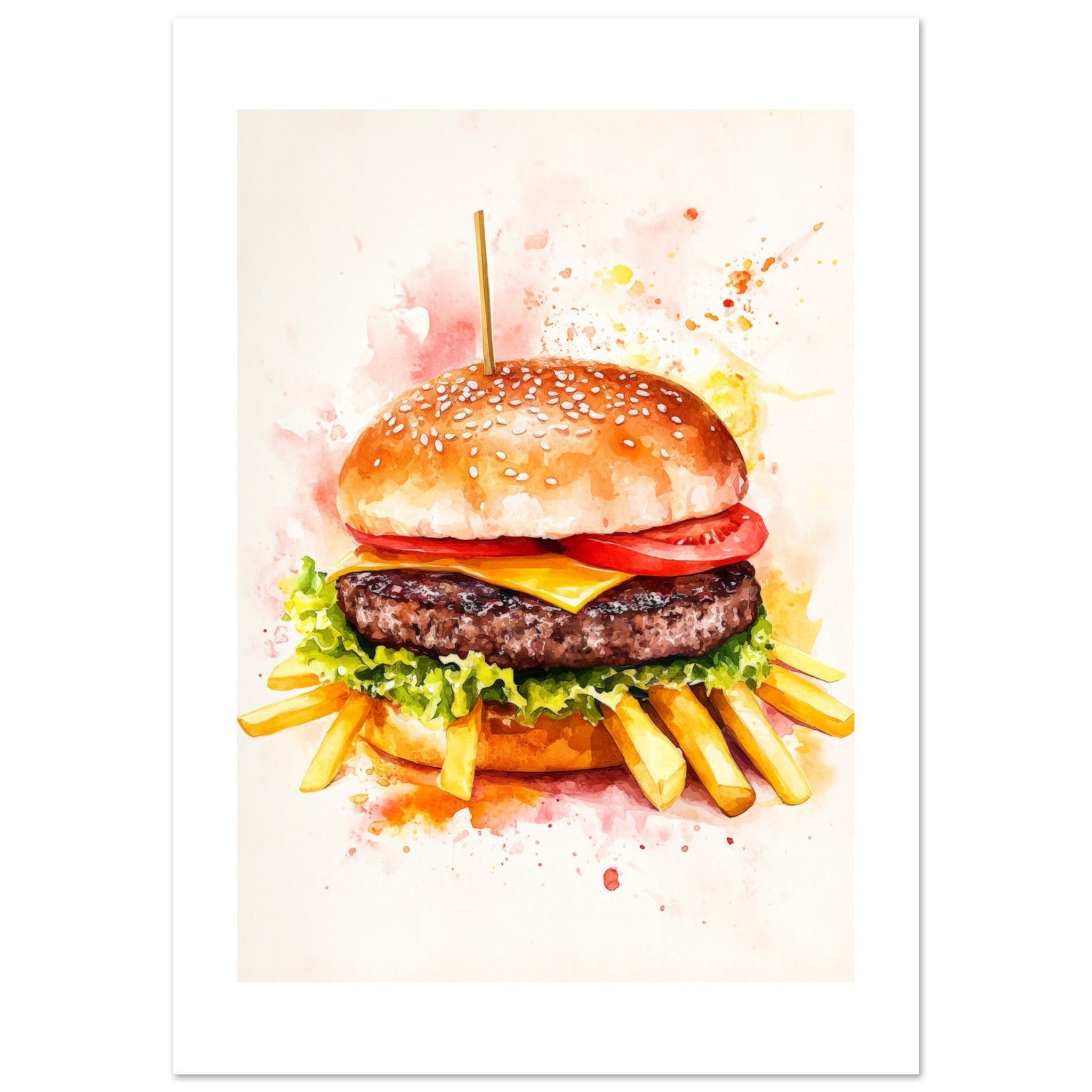 Beef Burgers With Fries Watercolor Painting Wall Art 1