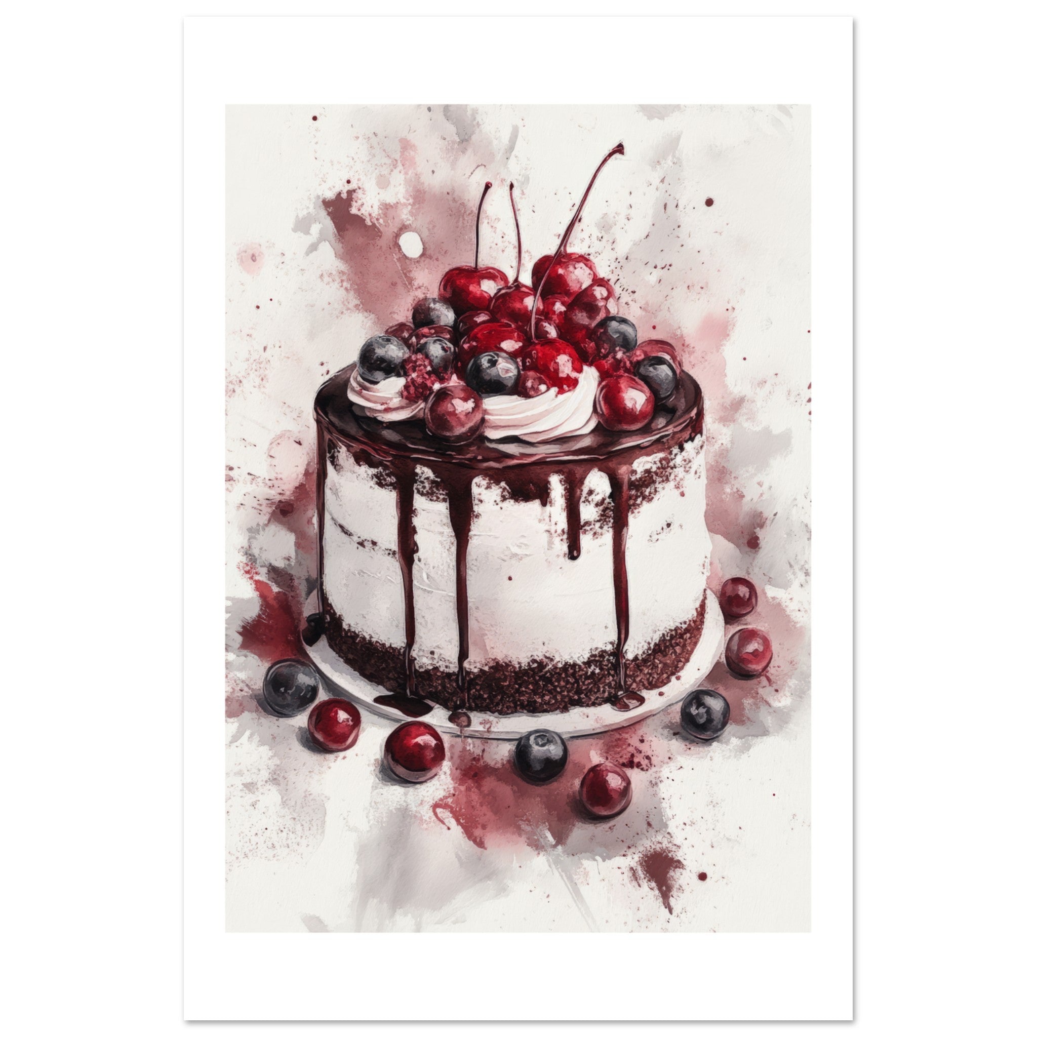 Black Forest Cake Watercolor Painting Wall Art