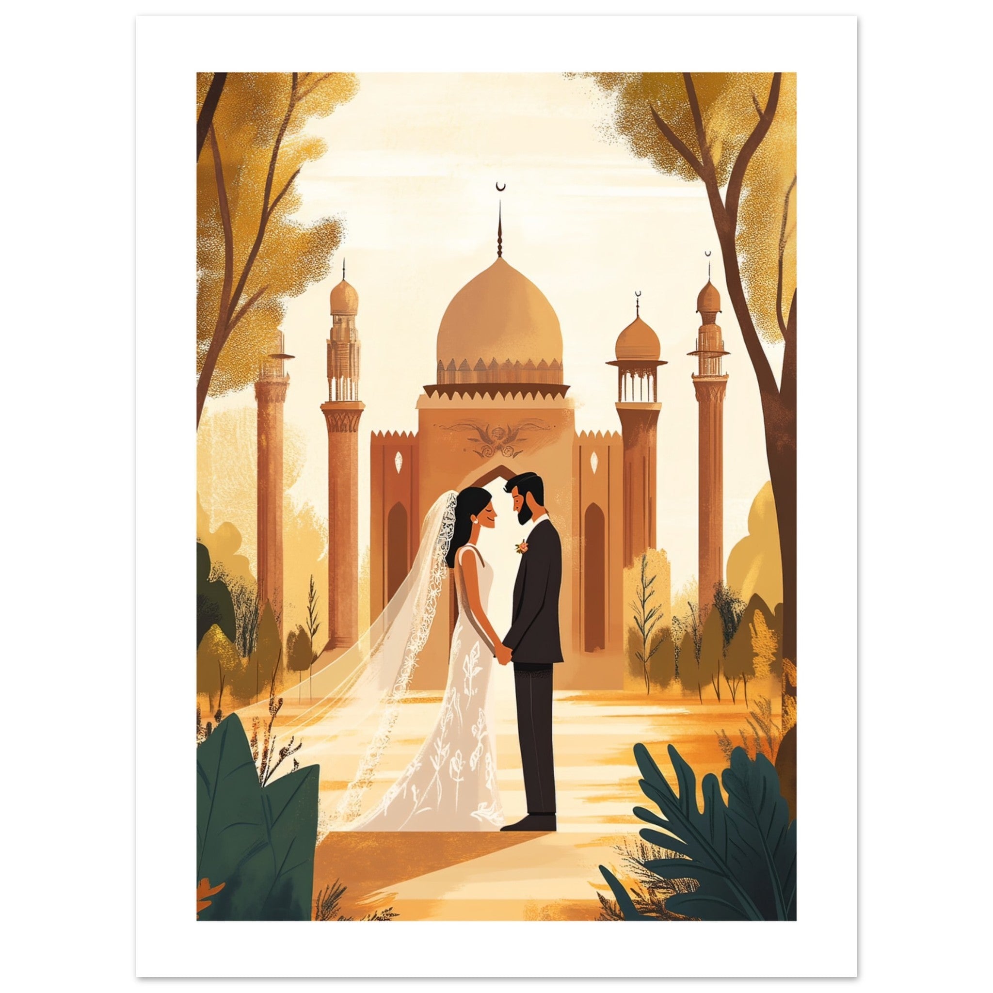 A mixed wedding couple infront of a mosque