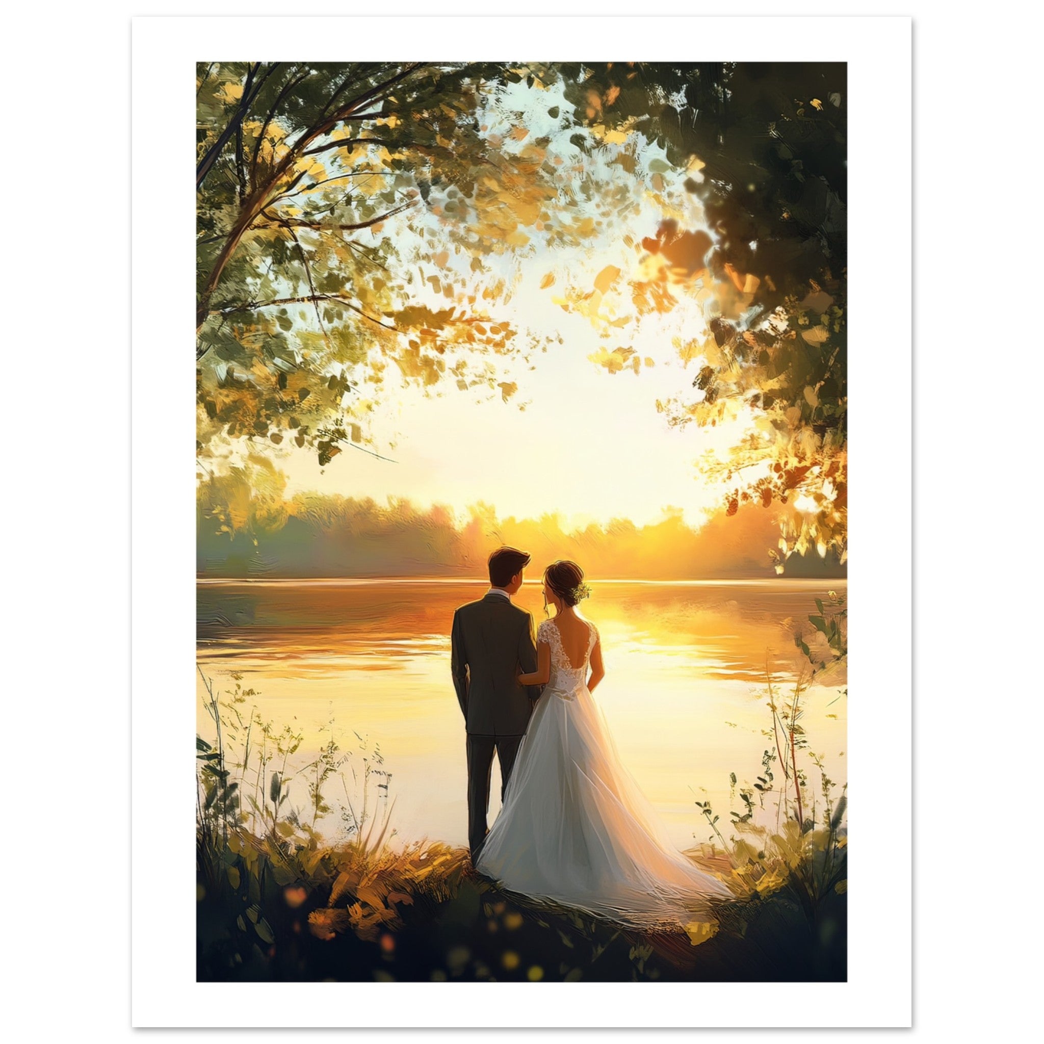 A wedding couple infront of a lake