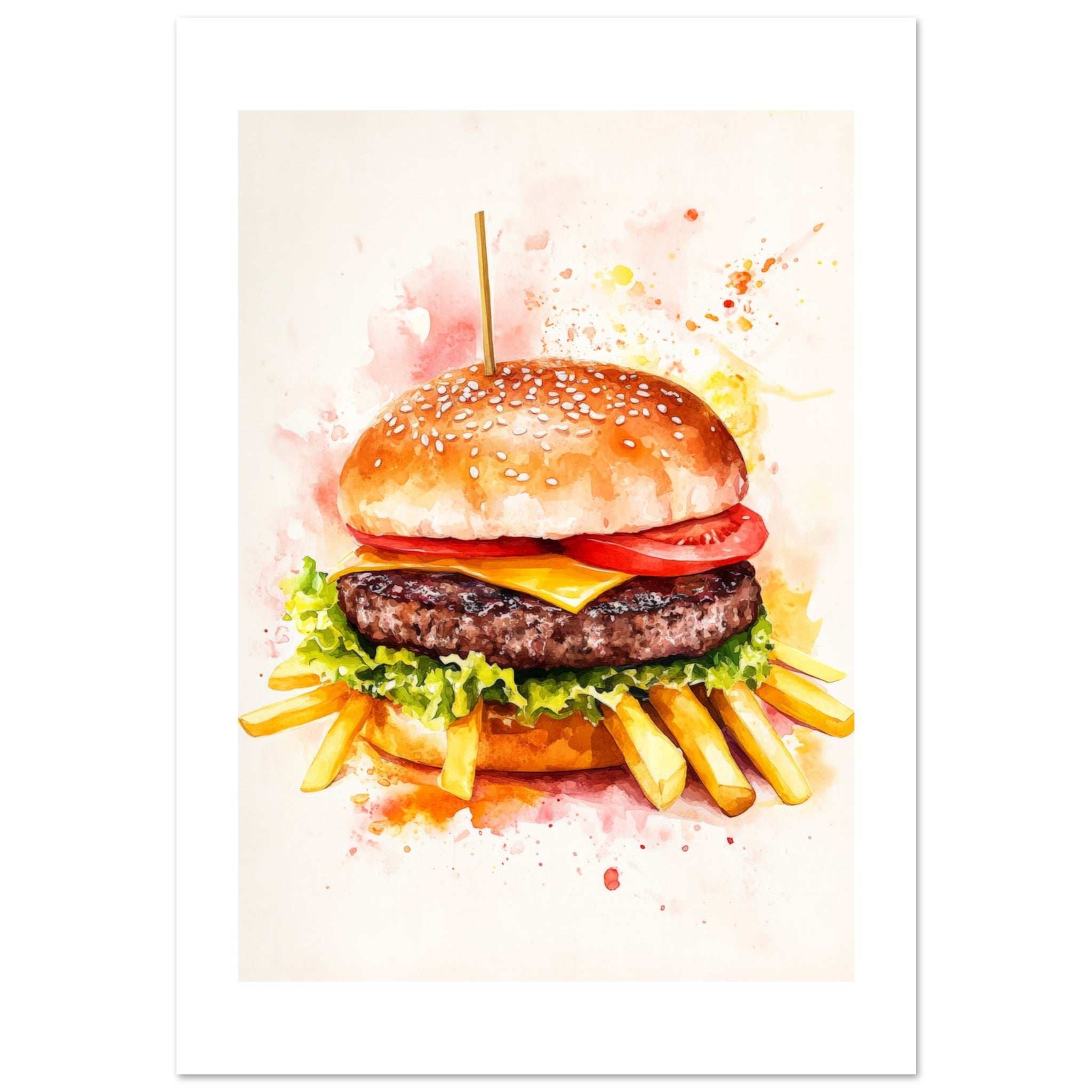 Beef Burgers With Fries Watercolor Painting Wall Art 1