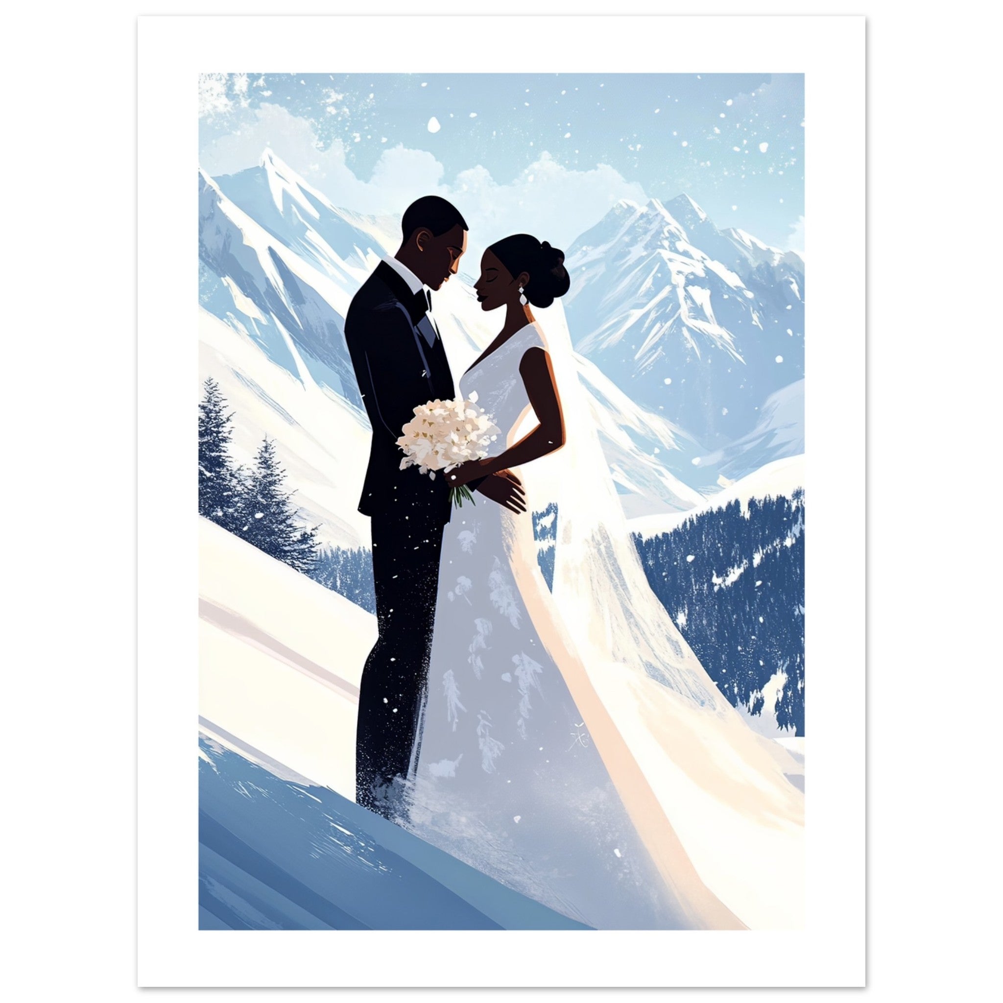 A black wedding couple infront of on the skislope