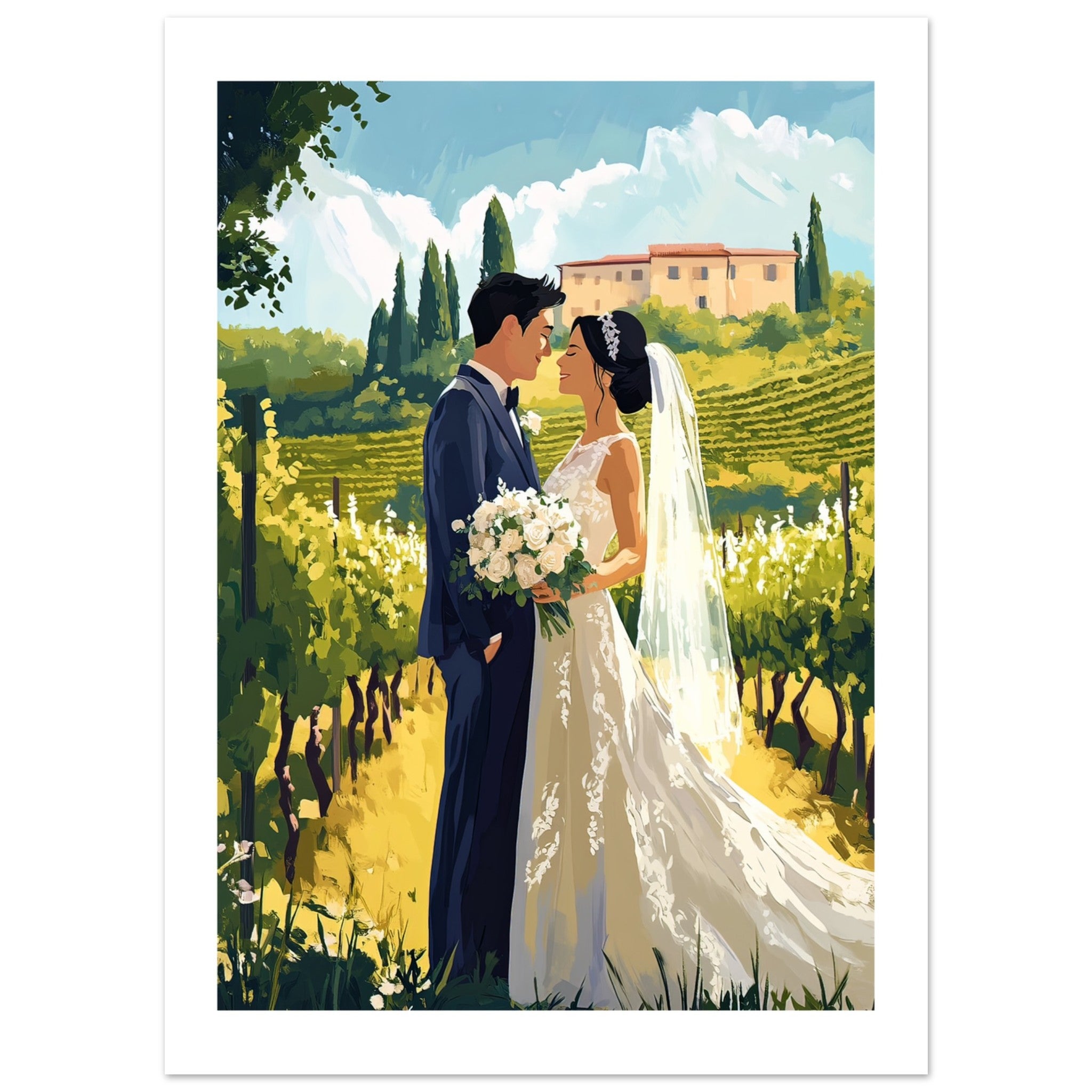 An asian wedding couple infront of a vineyard