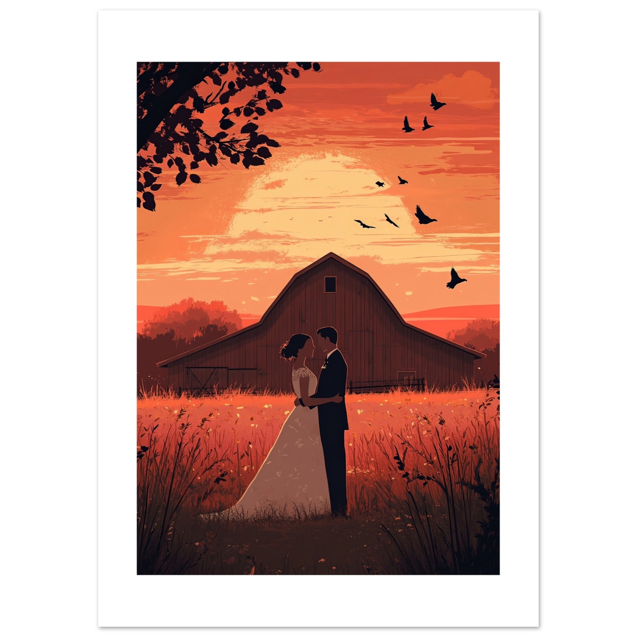 A wedding couple infront of a barn of a farm