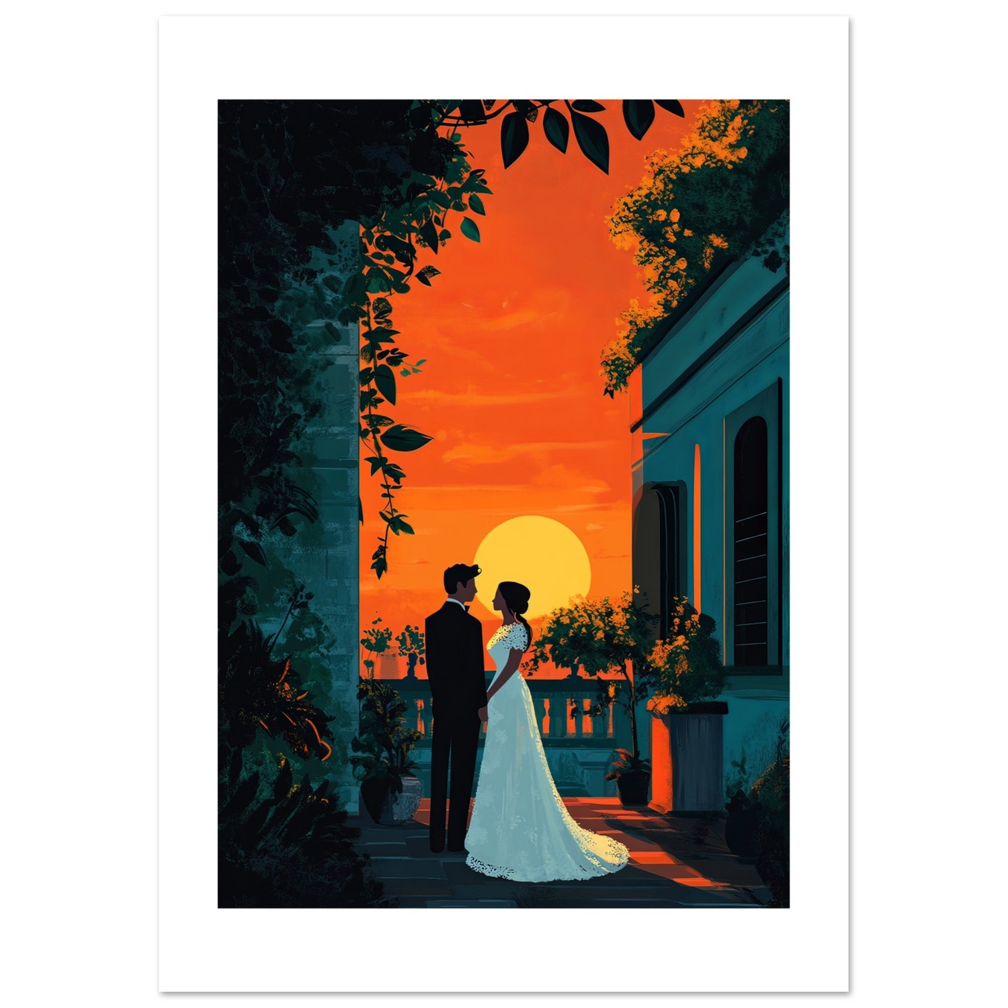 A wedding couple infront of a museum