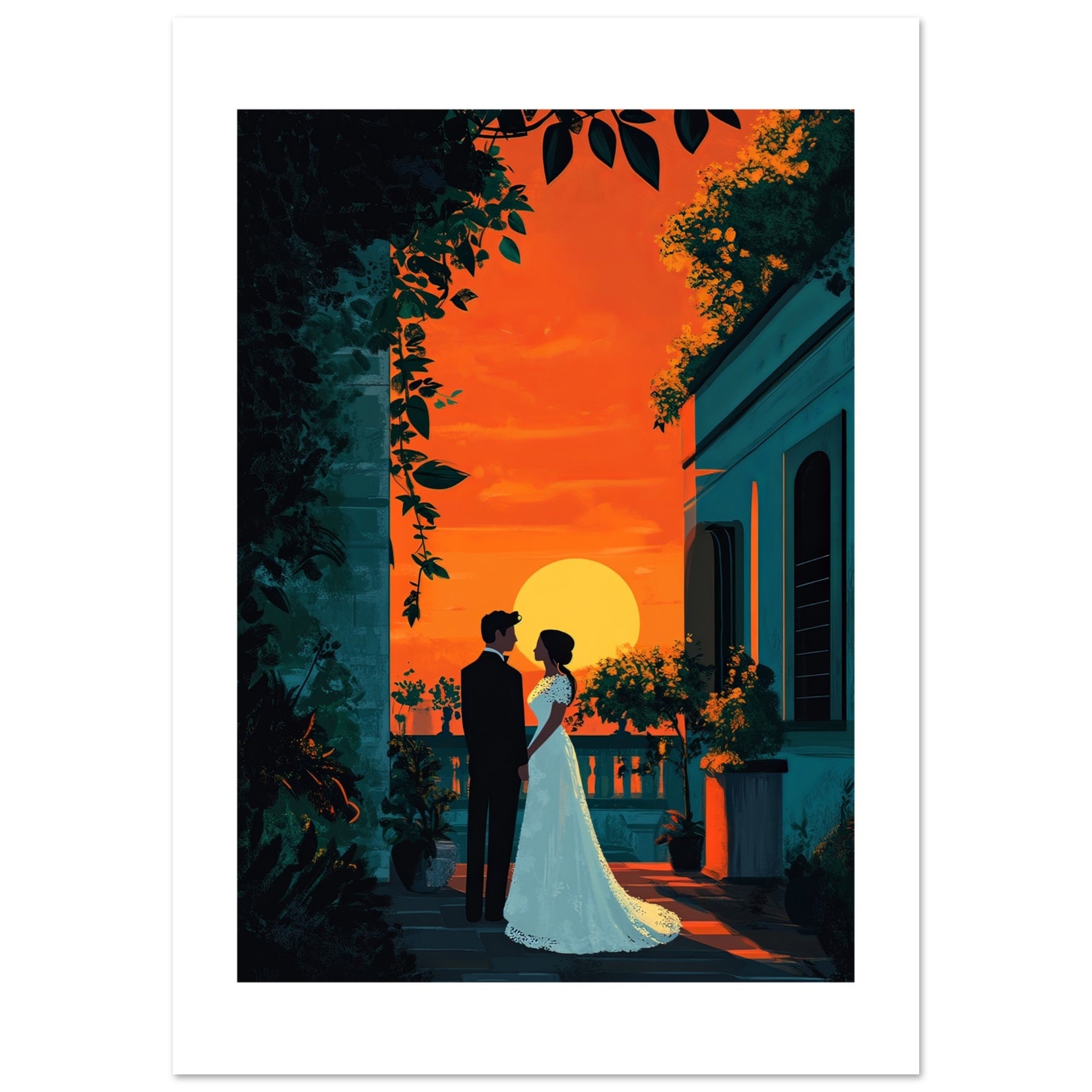 A wedding couple infront of a museum