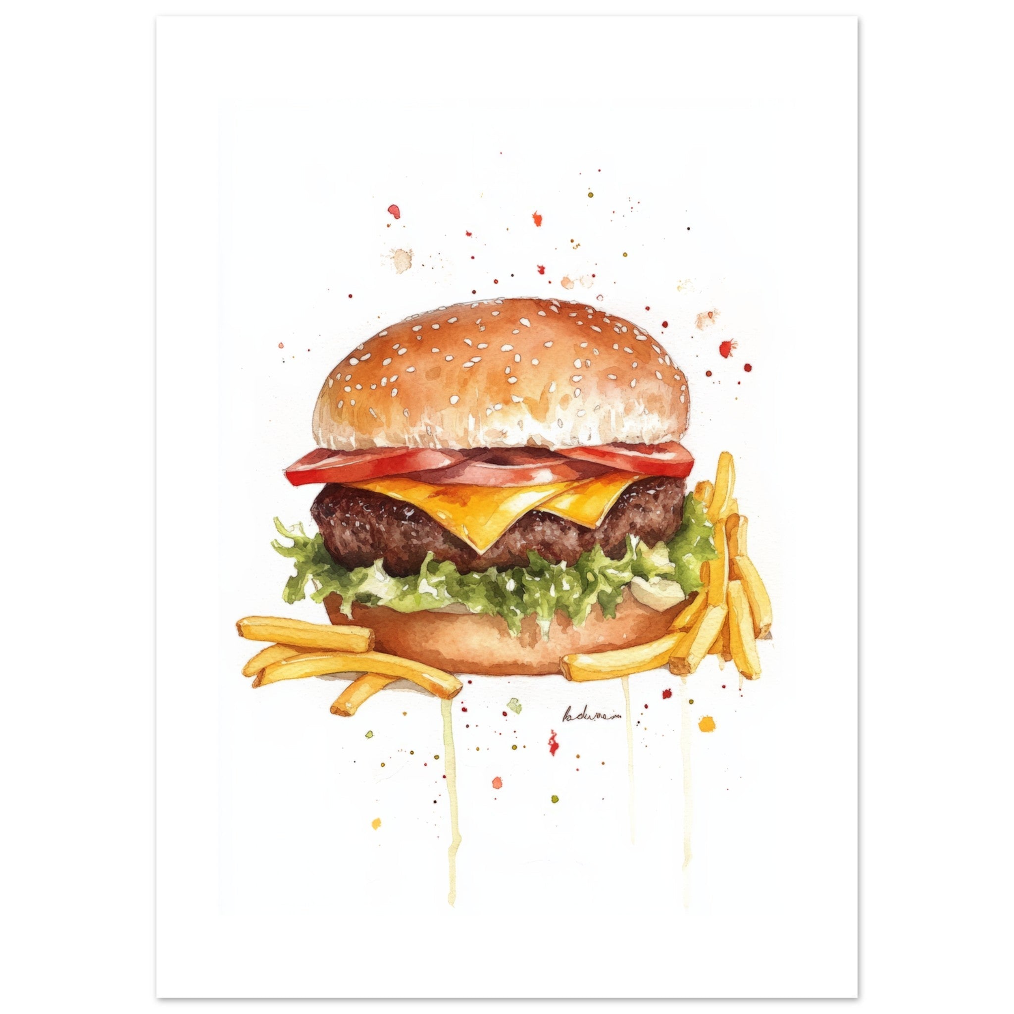 Beef Burgers With Fries Watercolor Painting Wall Art 2