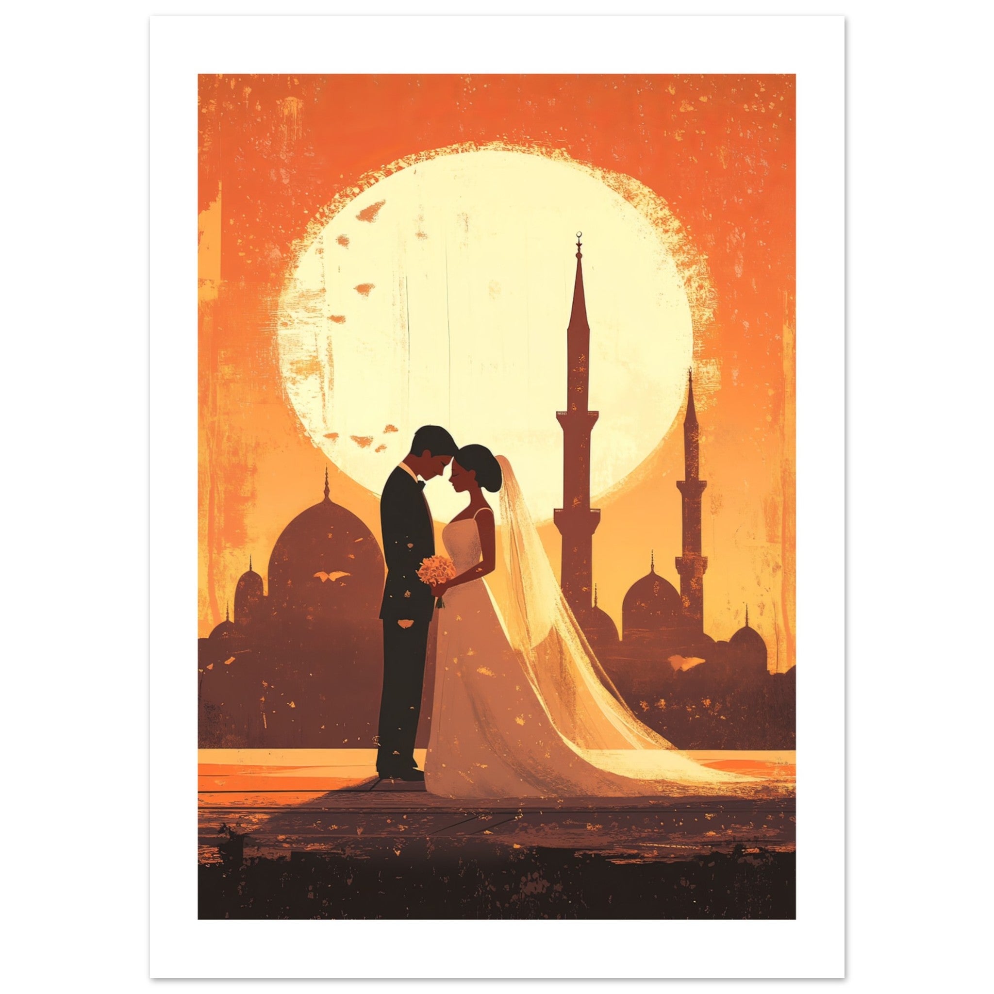A wedding couple infront of a mosque
