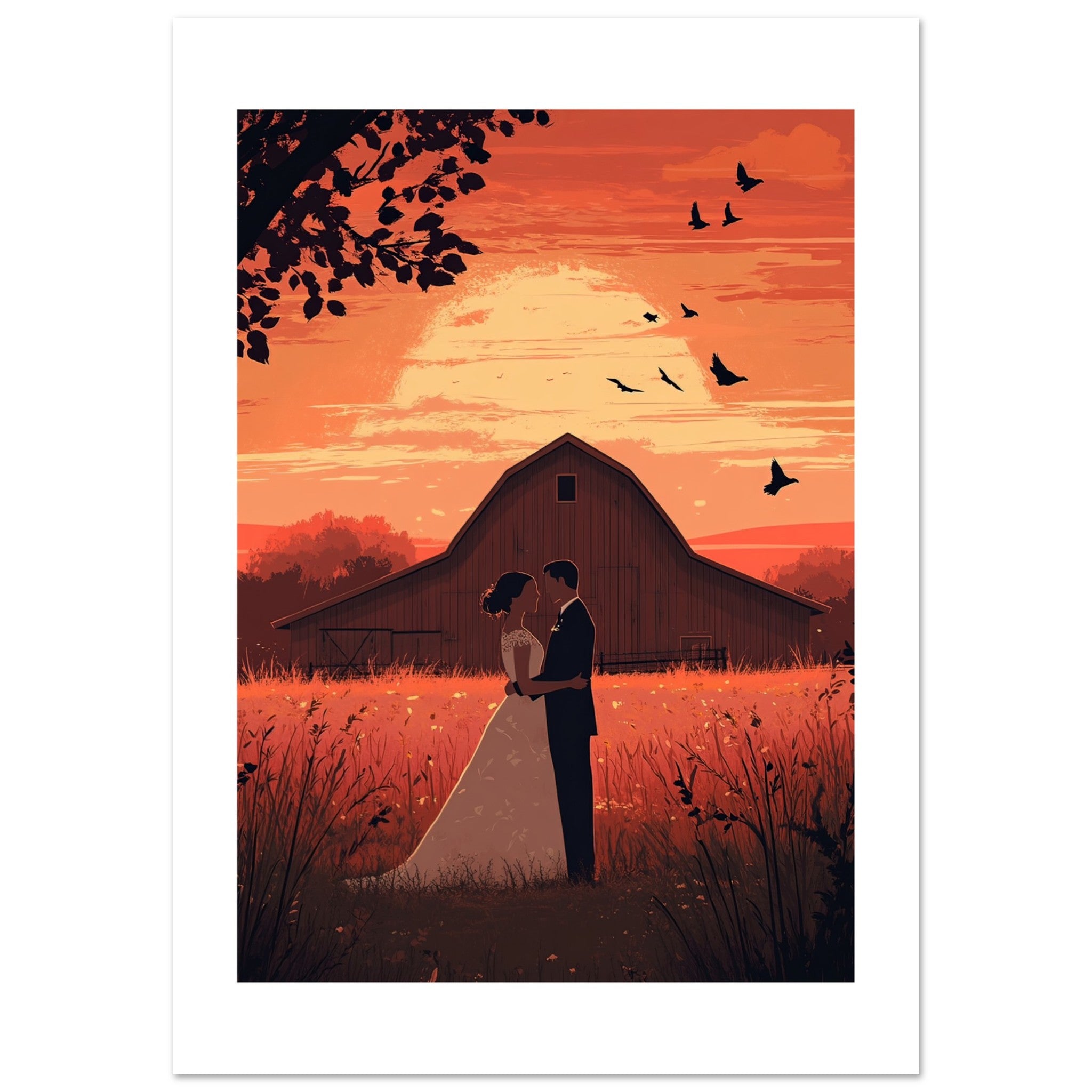 A wedding couple infront of a barn of a farm