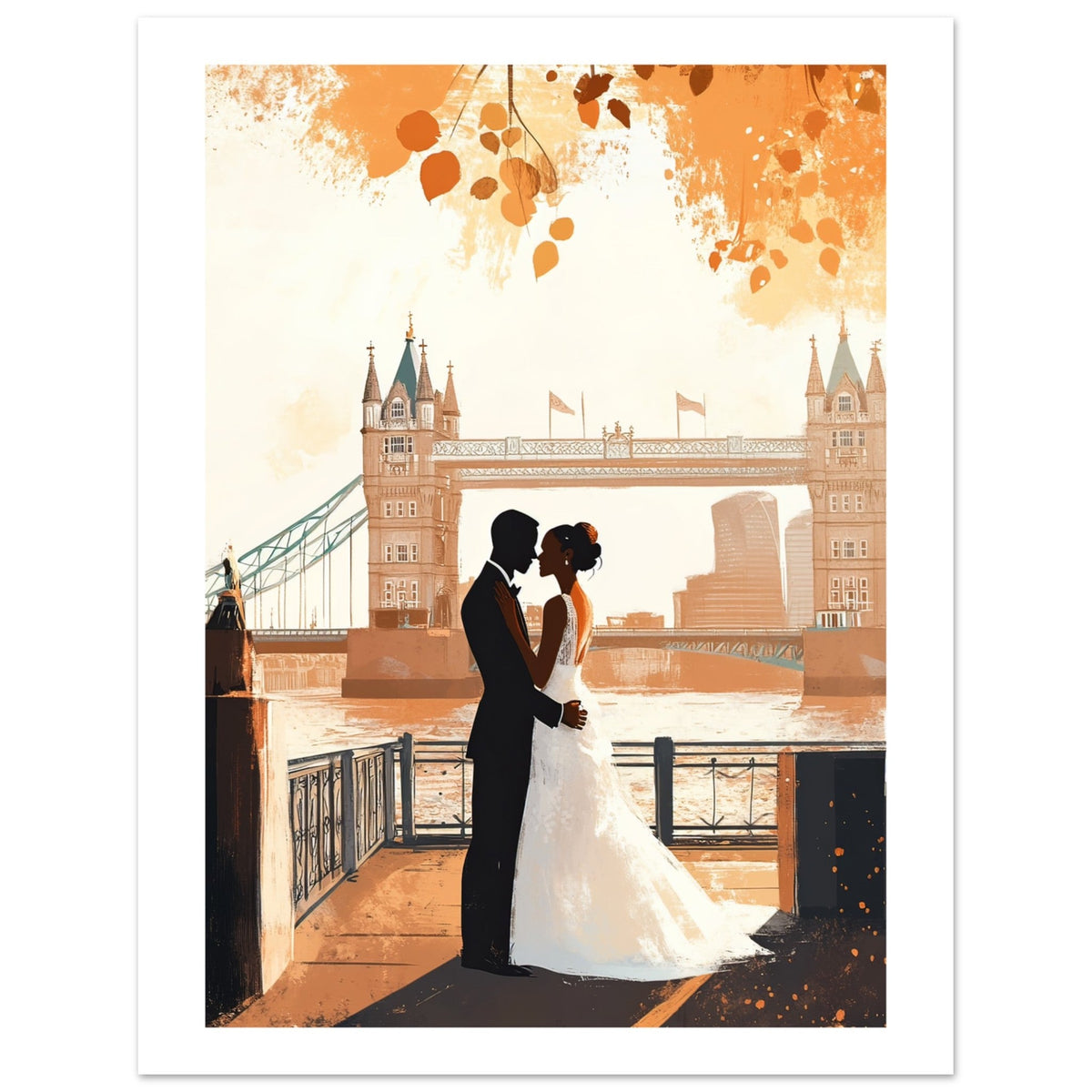 A black wedding couple infront of the London Brid