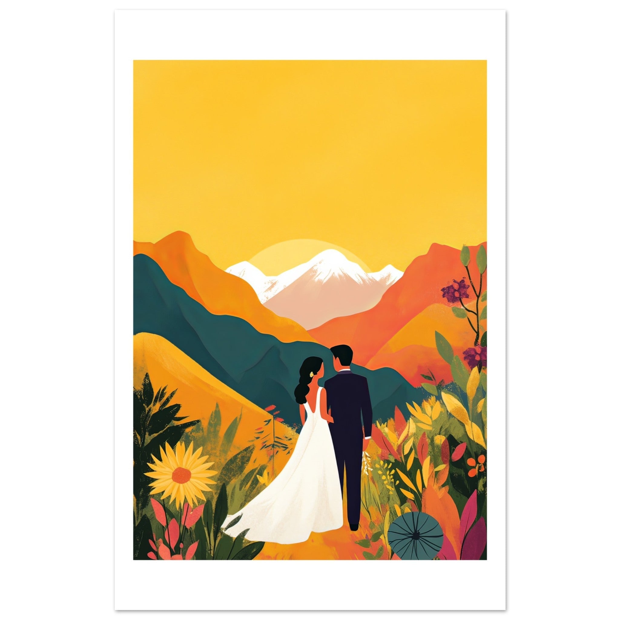 An asian wedding couple infront of mountains