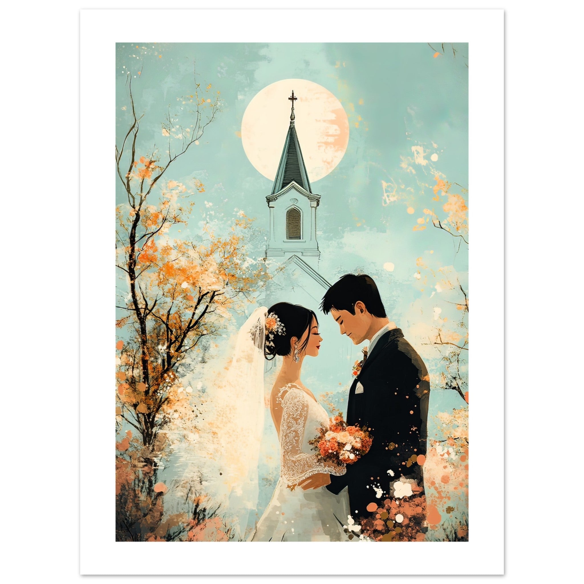 An asian wedding couple infront of a church