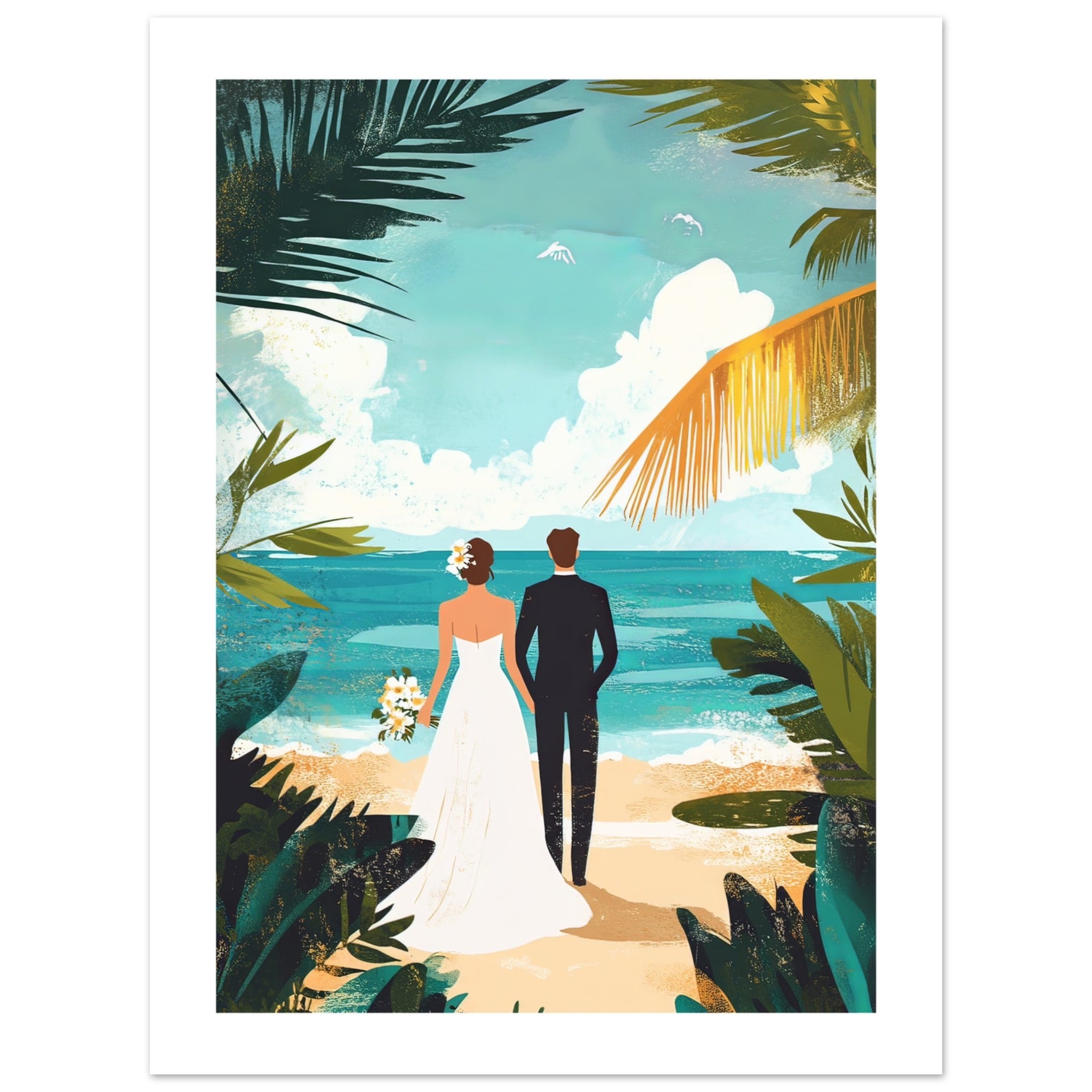 A wedding couple infront of a beach