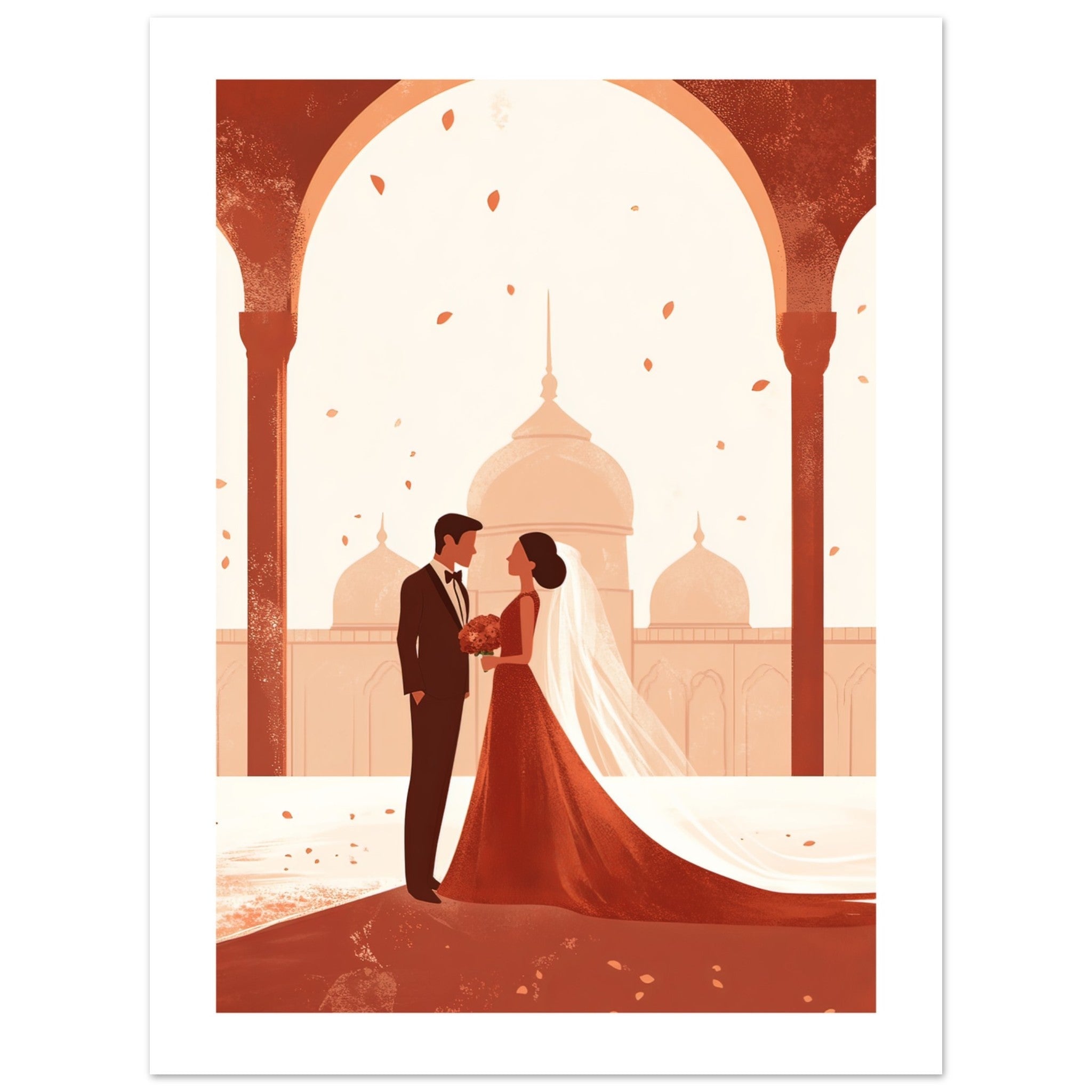 An asian wedding couple infront of a mosque