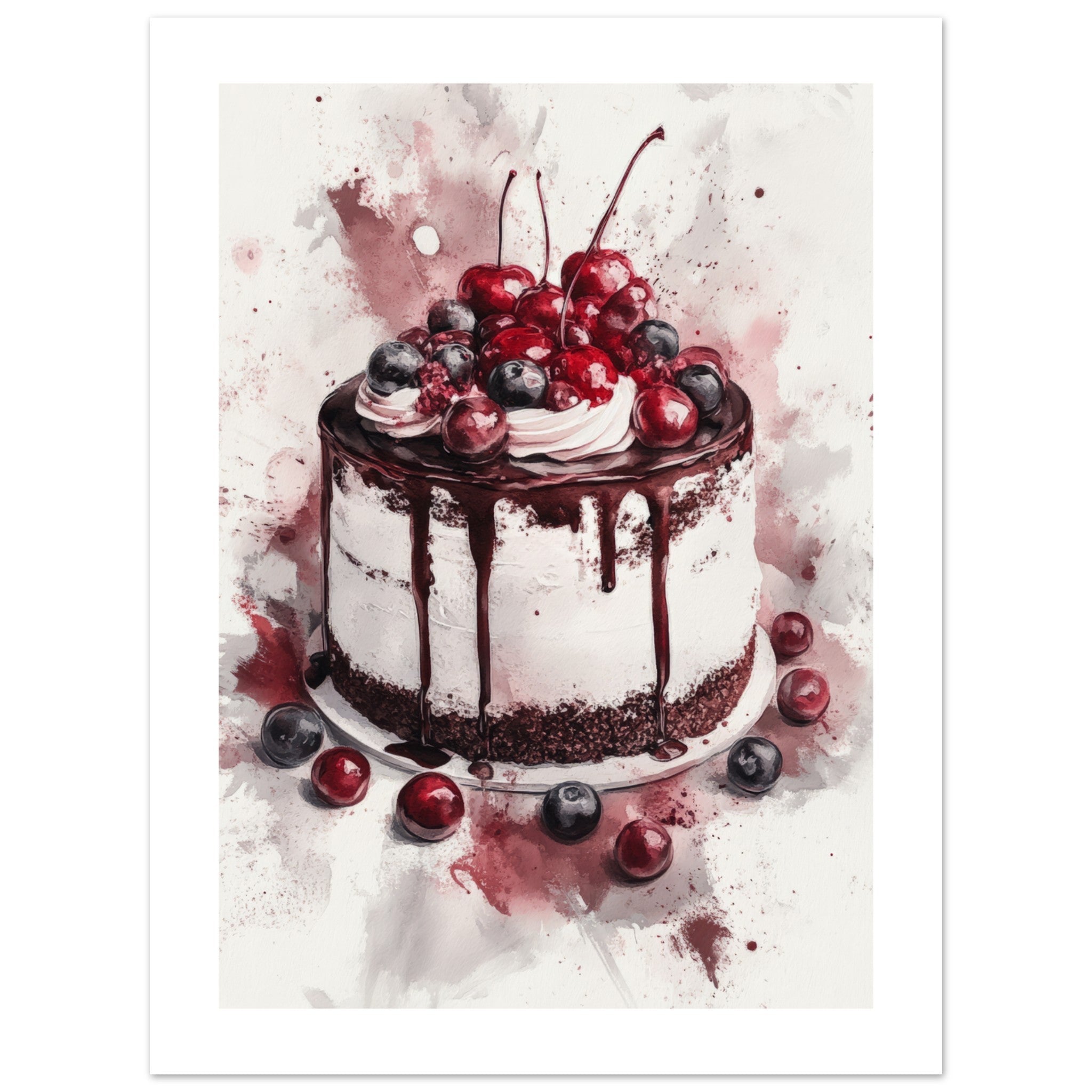 Black Forest Cake Watercolor Painting Wall Art