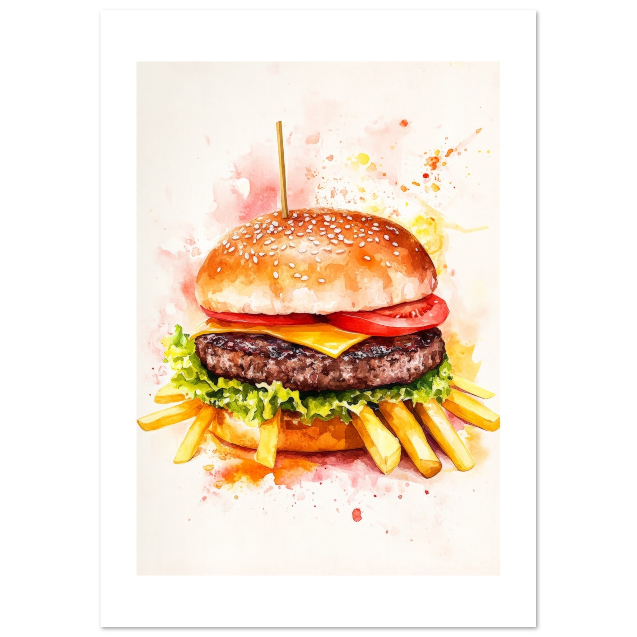 Beef Burgers With Fries Watercolor Painting Wall Art 1